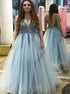 Crystal Beading Tulle Open Back Blue A Line Prom Dress LBQ2451